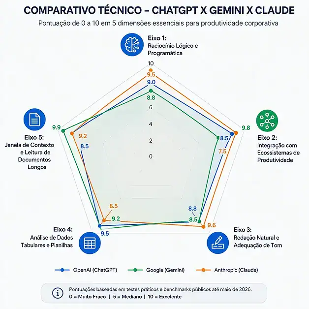 Gráfico de radar comparando chatgpt x gemini x claude