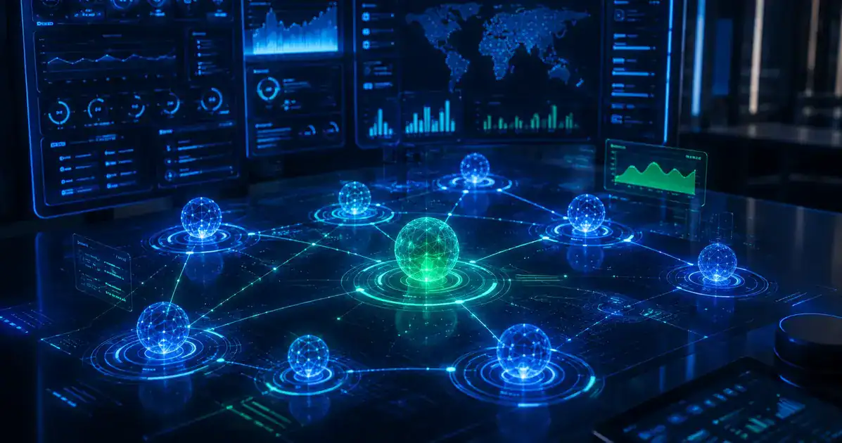 Painel de controle digital futurista e realista exibindo nós interconectados que representam agentes de IA executando tarefas autônomas em rede