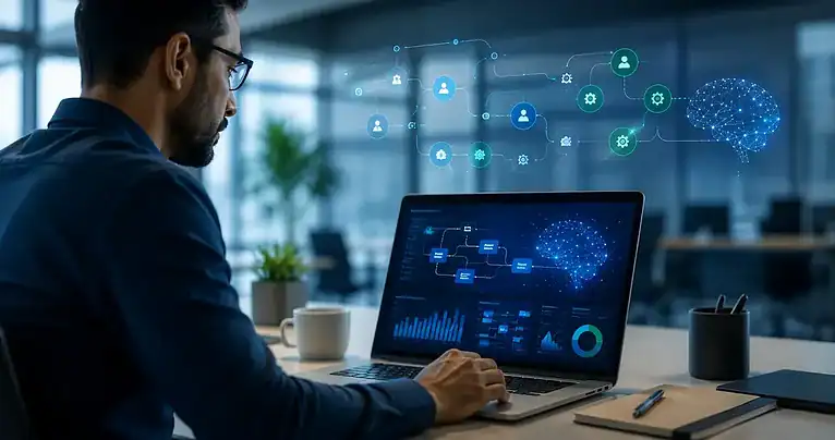 Profissional analisando painel visual de dados para iniciar uma carreira em inteligência artificial