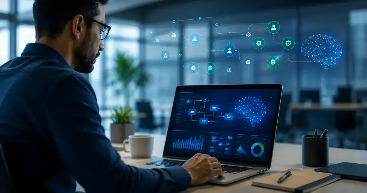 Profissional analisando painel visual de dados para iniciar uma carreira em inteligência artificial