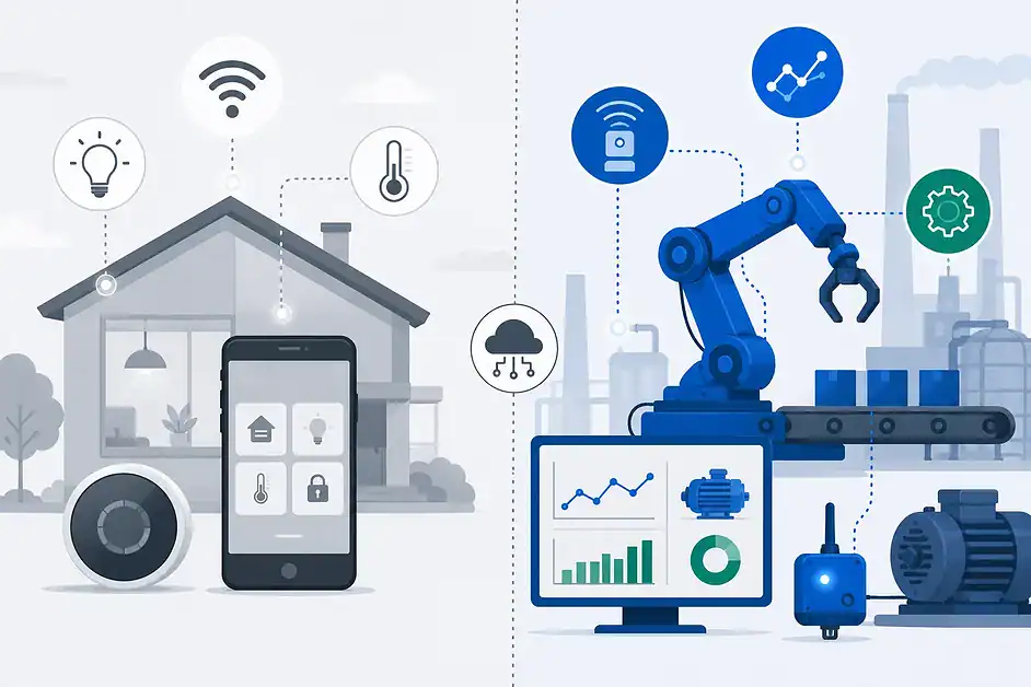 Comparação visual entre Internet das Coisas de consumo e Internet Industrial das Coisas (IIoT)