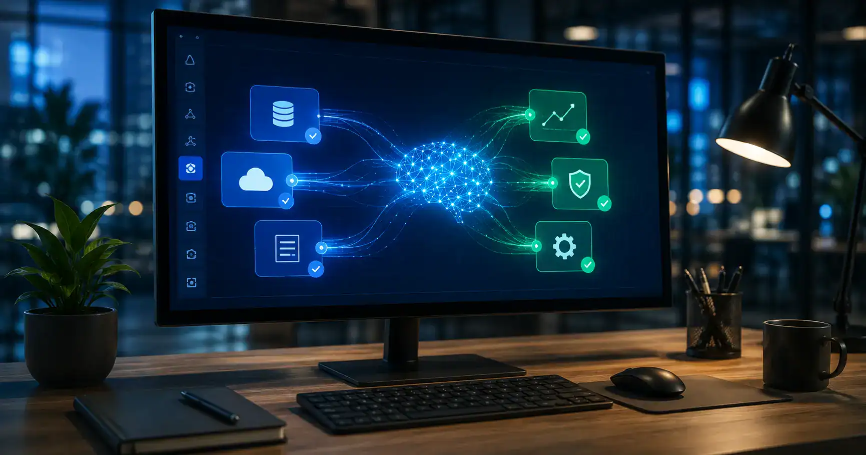 Tela de computador mostrando uma interface para criar app sem programar em blocos azuis com feixes de luz de inteligência artificial verde