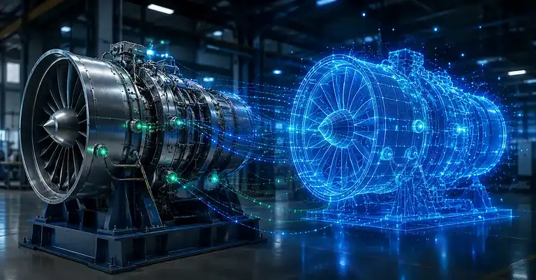 Ilustração de gêmeos digitais conectando uma máquina física industrial à sua réplica virtual azul.
