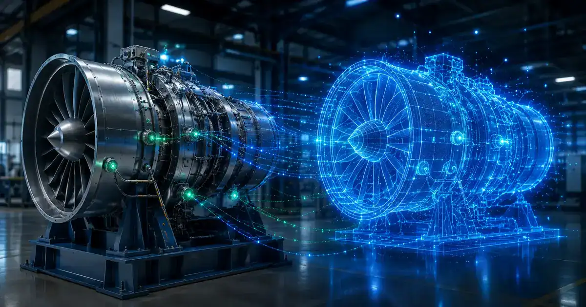 Ilustração de gêmeos digitais conectando uma máquina física industrial à sua réplica virtual azul.