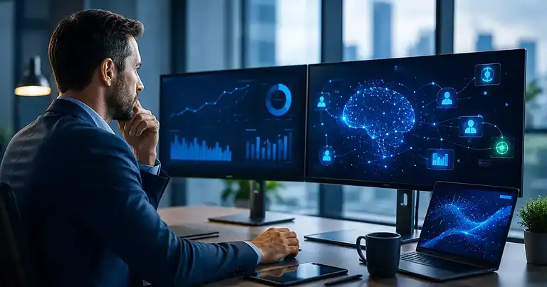 Profissional analisando dados e habilidades do futuro em interface digital