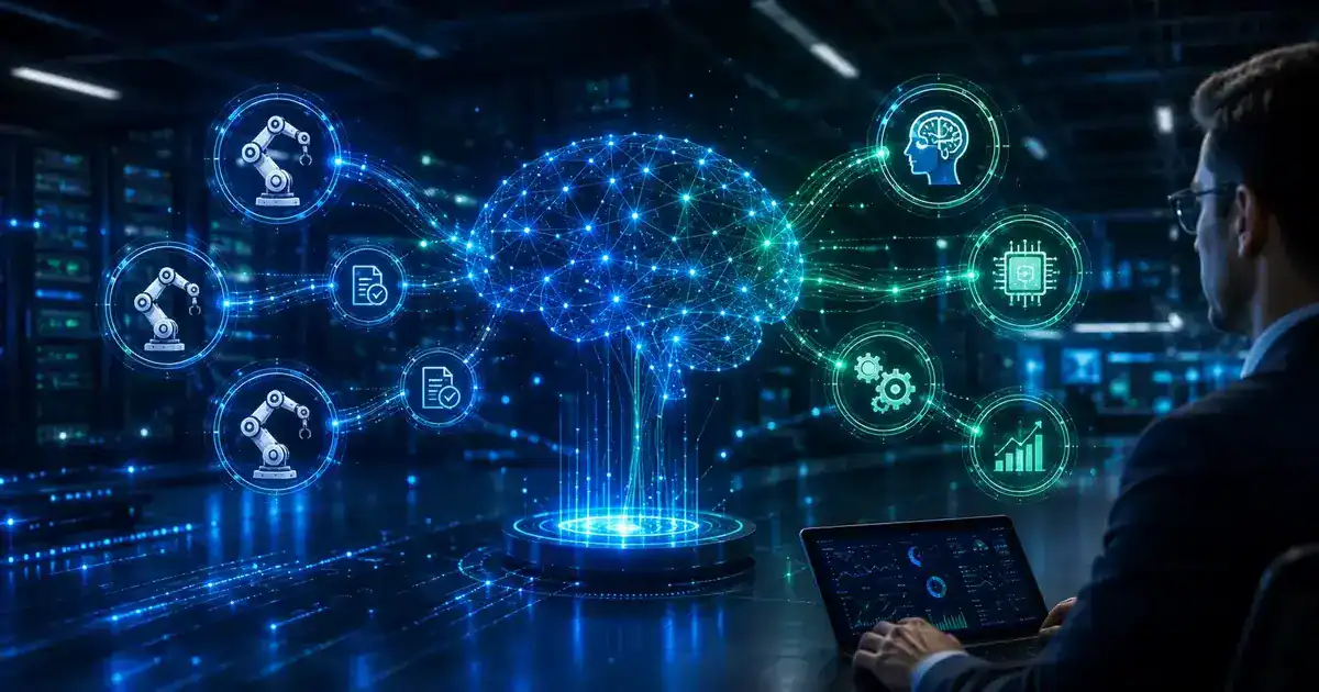 Diagrama conceitual de hiperautomação conectando robôs de RPA e inteligência artificial