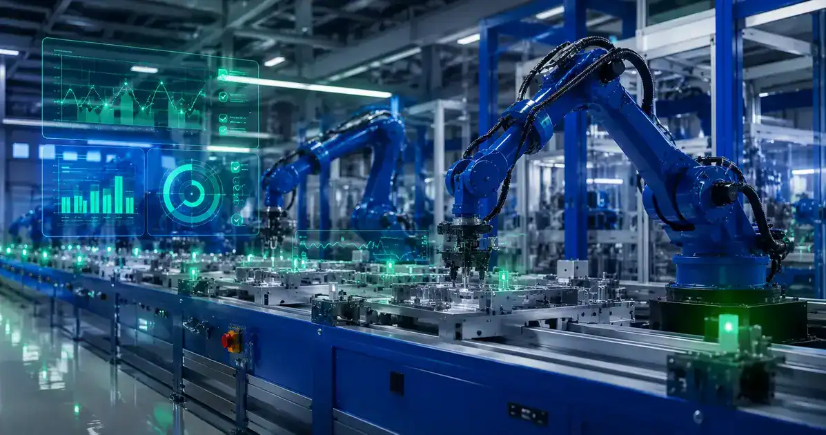 Fábrica moderna automatizada representando o avanço da indústria 4.0 no Brasil com painéis digitais azuis e verdes