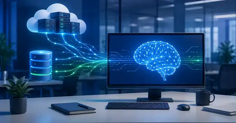 Conceito de o que é RAG conectando banco de dados corporativo ao modelo de inteligência artificial em escritório
