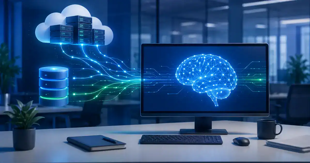 Conceito de o que é RAG conectando banco de dados corporativo ao modelo de inteligência artificial em escritório